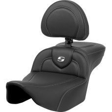 Saddlemen Roadsofa Extended Reach Seat - Carbon Fiber - Silver Stitch/Silver Logo - w/ Backrest - FL '23-'24 - 0801-1634  823-07-186BR