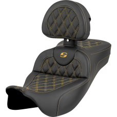 Saddlemen Roadsofa Extended Reach Seat - Lattice Stitch - Gold Stitch - with Backrest - FL '08-'23 - 0801-1985  808-07B-184B7