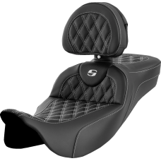 Saddlemen Roadsofa Extended Reach Seat - Lattice Stitch - White Stitch - with Backrest - FL '08-'24 - 0801-1625  808-07B-184B6