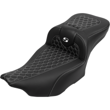 Saddlemen Roadsofa Extended Reach Seat - with Backrest - Honeycomb - White Stitch - FLTR/FLHX '23-'24 - 0801-1768  823-07-190B6