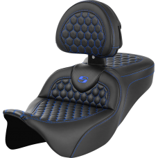 Saddlemen RoadSofa Seat - Honeycomb - Blue Stitch - with Backrest - FLH/FLT '08-'23 - 0801-1644  808-07B-189B1