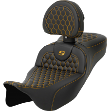 Saddlemen RoadSofa Seat - Honeycomb - Gold Stitch - with Backrest - Extended Reach - FLH/FLT '08-'24 - 0801-1654  808-07B-190B7