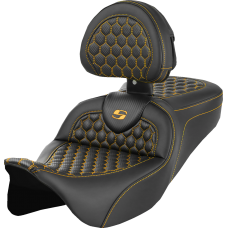 Saddlemen RoadSofa Seat - Honeycomb - Gold Stitch - with Backrest - FLH/FLT '08-'23 - 0801-1646  808-07B-189B7