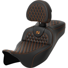 Saddlemen RoadSofa Seat - Honeycomb - Orange Stitch - with Backrest - Extended Reach - FLH/FLT '08-'24 - 0801-1653  808-07B-190B3