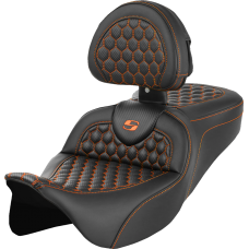 Saddlemen RoadSofa Seat - Honeycomb - Orange Stitch - with Backrest - FLH/FLT '08-'23 - 0801-1645  808-07B-189B3