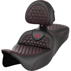 Saddlemen RoadSofa Seat - Honeycomb - Red Stitch - with Backrest - FLH/FLT '08-'23 - 0801-1643  808-07B-189B4