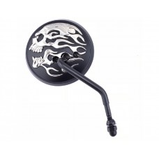 V-Twin Round Skull and Flame Mirror Set with One Piece Stems Black 34-0015