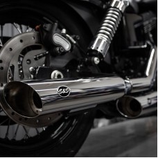 S&amp;S Cycle Slash Cut Slip-On Mufflers Chrome with Slash Down End - 3.25" for 1995-2009 Dyna models with staggered exhaust (FXD, FXDB, etc) 550-0718